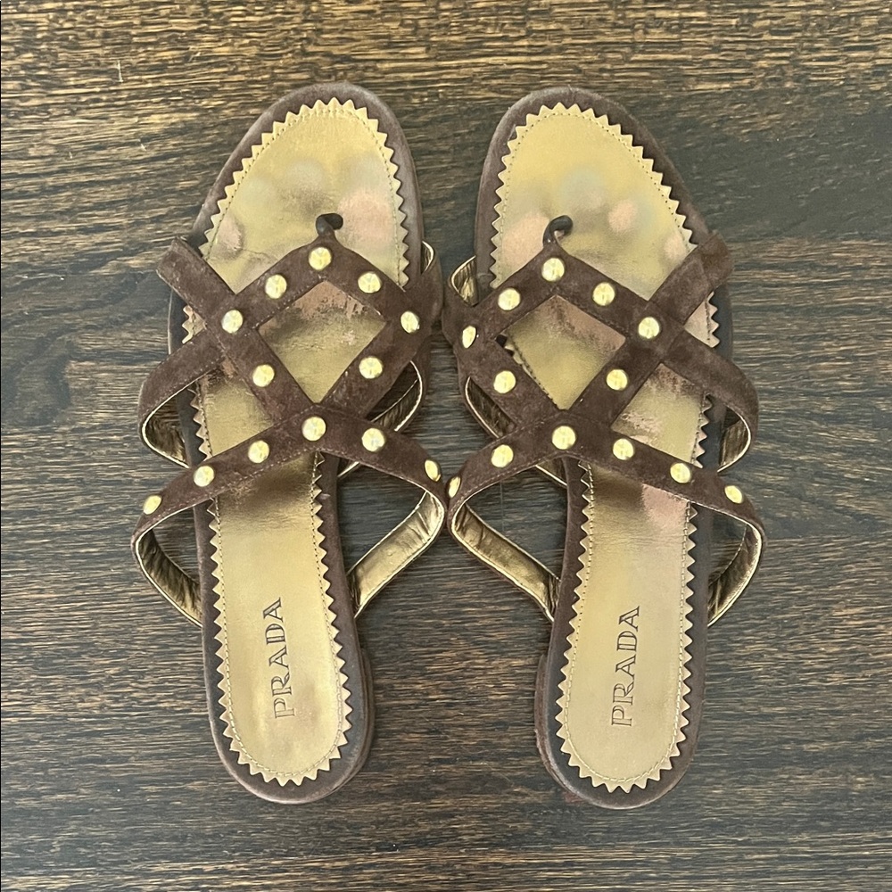 Designer Prada Brown Gold Studded Women's Flats